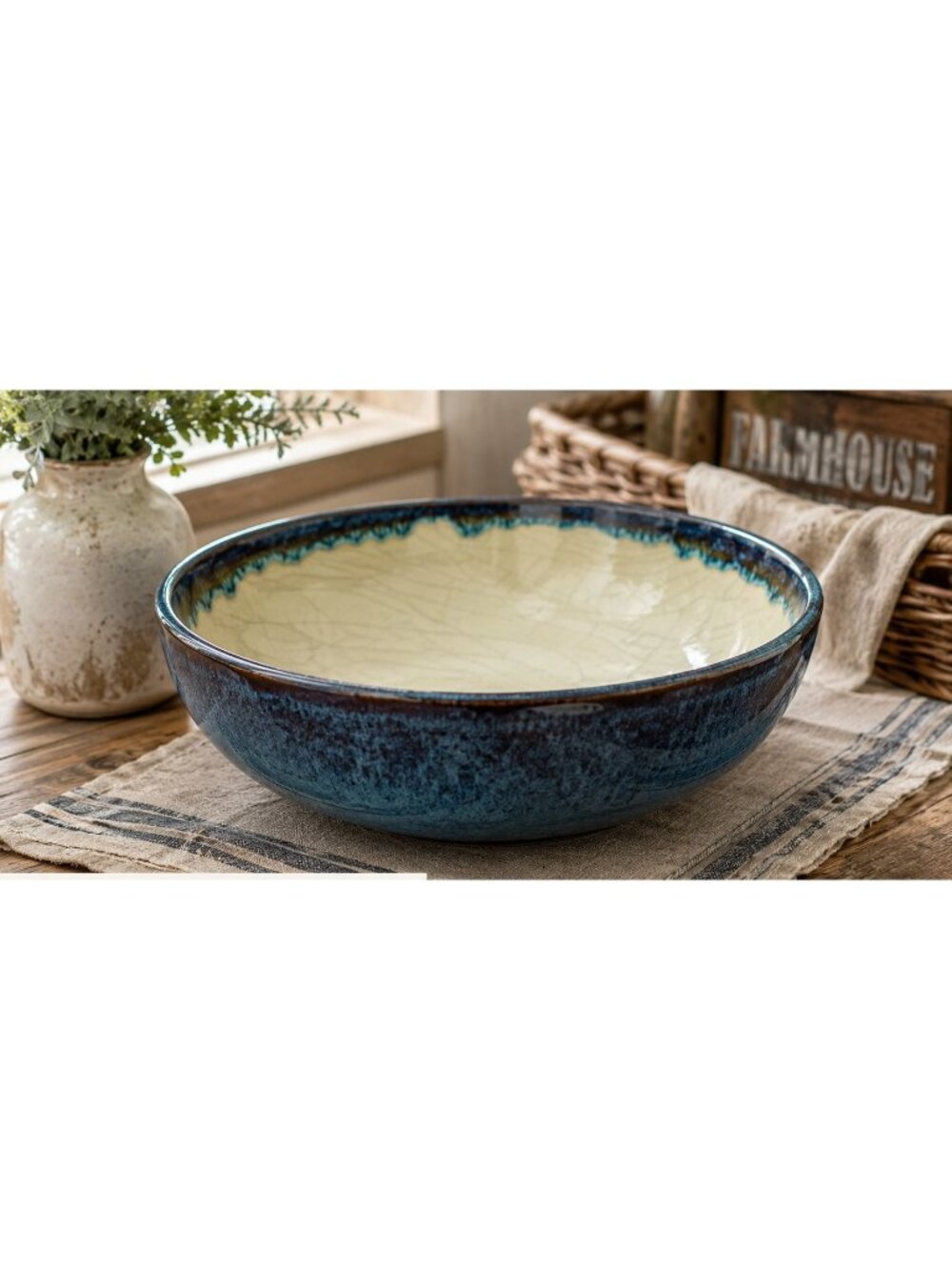 Pier 1 Crackle Glaze Ceramic Bowl 10" Blue & Beige Handmade Look Collectible